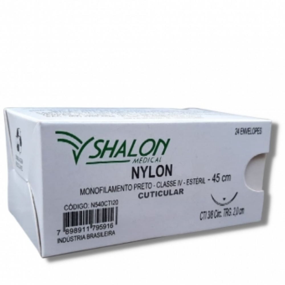 Fio Sutura Nylon Pret Shalon 45 cm 38 CIR TRG 2 24Un