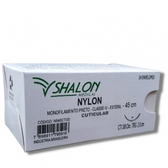Fio Sutura Nylon Pret Shalon 45 cm 38 CIR TRG 2 24Un